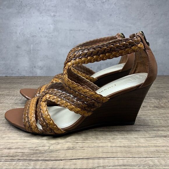 ETIENNE AIGNER E-Peanut Wedge Zip Up Strappy Sandals Shoes Brown Women's 7.5M - Picture 1 of 10